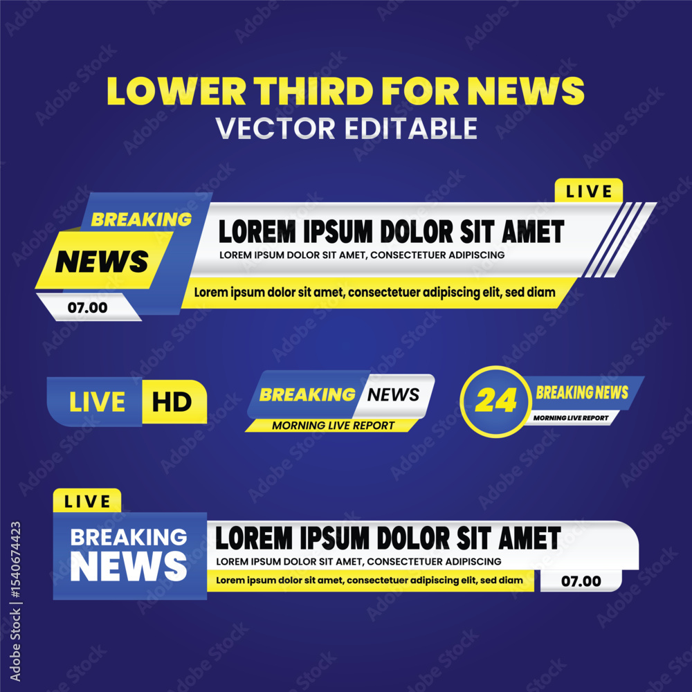 Obraz premium Lower third tv header, headline and news bars. Vector modern colorful blue yellow white. video title or television news bar isolated template.