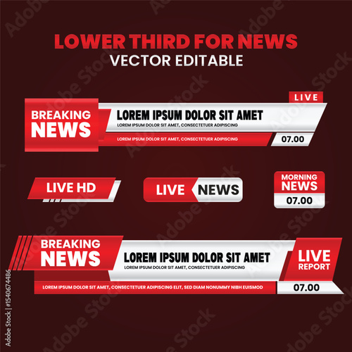 Lower third tv header, headline and news bars. Vector modern colorful red and white. video title or television news bar isolated template.