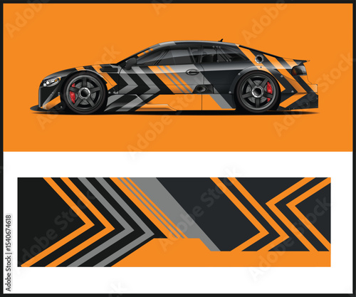 Abstract Orange and Black Racing Car Wrap Design