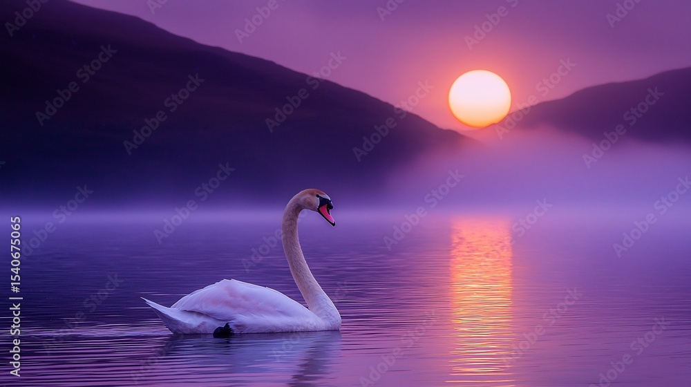 Fototapeta premium Gorgeous sunset casting warm light over a calm lake with a single swan gliding across the water cinematic serenity