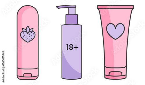 a set of types of intimate cosmetics, adult sex toys, accessories for sexual games and bdsm, linear black and pink, violet purple icons, doodle and sketch style, hand drawing