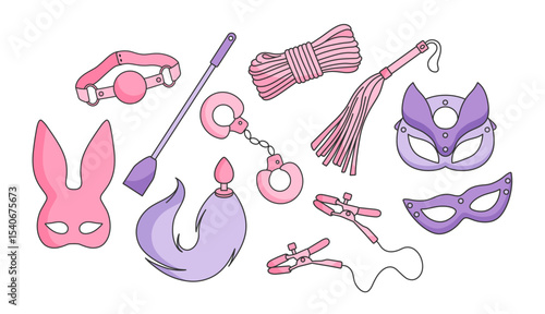 vector set of adult sex toys, accessories for bdsm sex games, linear black and pink, violet purple icons, doodle and sketch style, hand drawing