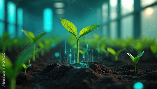 Young plant grows in tech-driven greenhouse. Digital data flows around stem showing innovation in agriculture. Eco-friendly farming, modern cultivation, future food tech concepts. High tech