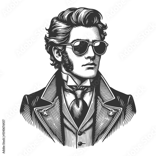 stylish man with slick hair, mustache, sunglasses, and vintage clothing in a confident pose sketch engraving generative ai fictional character vector illustration. Scratch board. Black and white.