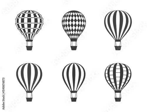Diverse Black and White Hot Air Balloon Vector Silhouette Set for Travel and Festival Design Projects