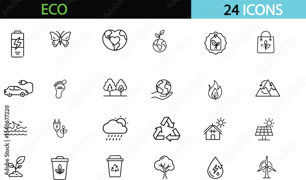Fototapeta premium Eco and sustainability icon set. Vector glyph pictograms of recycle, tree, solar panel, wind turbine, environment, renewable energy, and conservation, vector illustration 