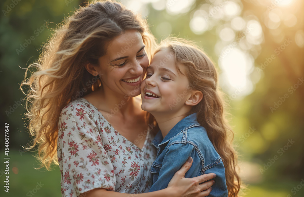 Fototapeta premium Happy mother hugs daughter smiling outdoors. Tender relationship between mother and child. Smiling woman embrace girl. Family connection, spending time, love, parenthood, care concept.