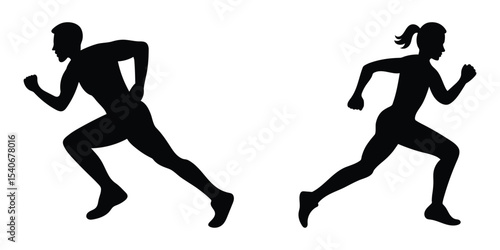 Running Man and Woman Silhouettes. Fitness Couple Running Icon. Man and Woman in Motion Silhouette