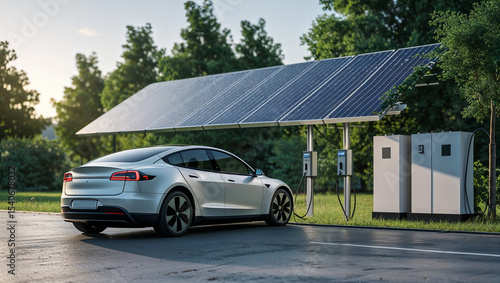Electric car charging with solar panels in nature