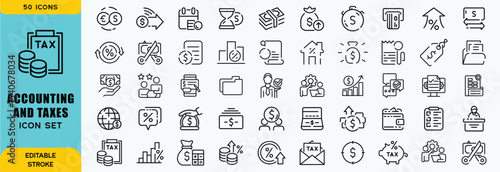 Accounting and taxes icon set. Containing tax refund, tax deduction, payment, tax accounting, calculator, taxpayer, VAT, taxation and income icons. Solid icon collection. Vector illustration.