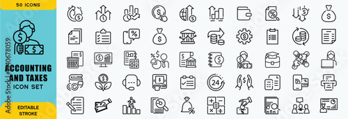 Accounting and taxes icon set. Containing tax refund, tax deduction, payment, tax accounting, calculator, taxpayer, VAT, taxation and income icons. Solid icon collection. Vector illustration.