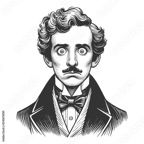 Funny serious Victorian man with wide eyes and curly hair in classic formal clothing sketch engraving generative ai fictional character vector illustration. Scratch board. Black and white image.
