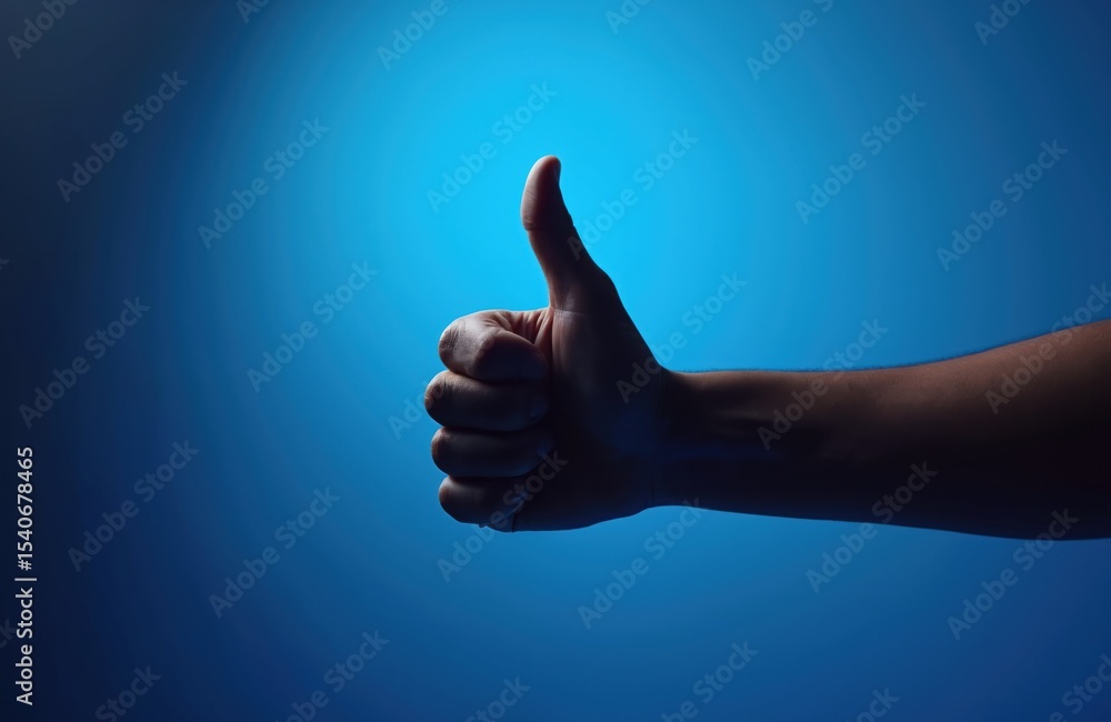 Thumbs up hand gesture against vibrant blue light backdrop. Expressing positivity approval success. Concept of affirmation feedback agreement. Optimistic sign for like concept. Thumbs up hand gesture against vibrant blue light backdrop. Expressing positivity approval success. Concept of affirmation feedback agreement. Optimistic sign for like concept.