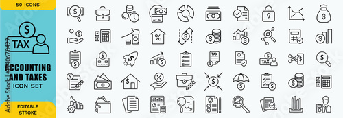 Accounting and taxes line icons collection. Big UI icon set in a flat design. Thin outline icons pack. Vector illustration EPS10