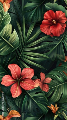 Wallpaper Mural Flowers and foliage background. Tropical leaves and colorful flowers on foliage nature background. Stage showcase, promotion display. Torontodigital.ca