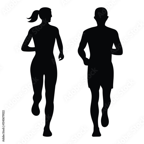 Running Man and Woman Silhouettes. Fitness Couple Running Icon. Man and Woman in Motion Silhouette