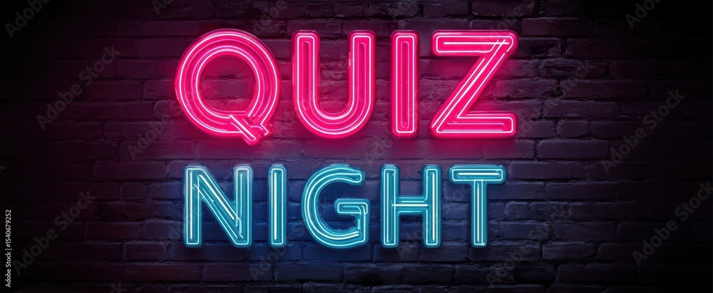 The illuminated neon sign inviting participants to a fun quiz night event. The illuminated neon sign inviting participants to a fun quiz night event.