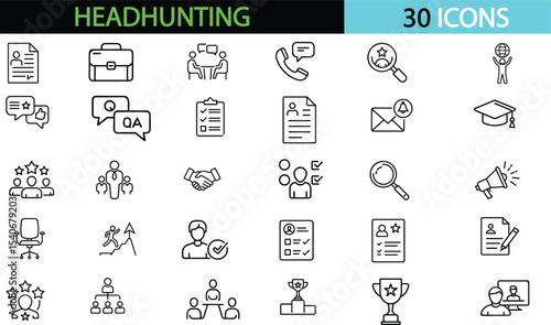Headhunting set of web icons in line style. Recruitment icons for web and mobile app. Career, resume, job hiring, candidate, HR, business, headhunting. Vector illustration