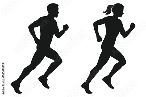 Running people silhouettes isolated on white background. Runners silhouette man and woman.