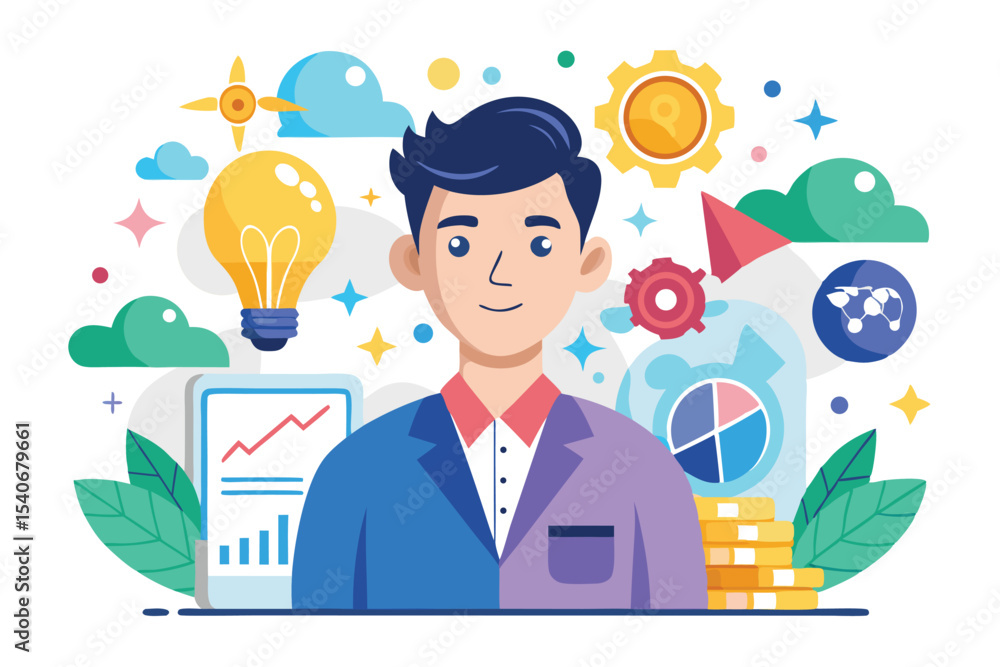 Creative Professional with Innovative Ideas and Financial Acumen Depicted Through Symbolic Imagery in a Colorful and Engaging Composition Creative Professional with Innovative Ideas and Financial Acumen Depicted Through Symbolic Imagery in a Colorful and Engaging Composition