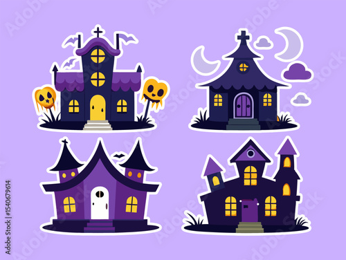 A big collection of Collection of halloween stickers. Spooky haunted house with cute ghosts 