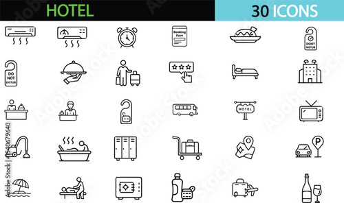 Hotel set of web icons in line style. Hotel and vacation icons for web and mobile app. Hotel services, recreational rest, relax, travel. Vector illustration