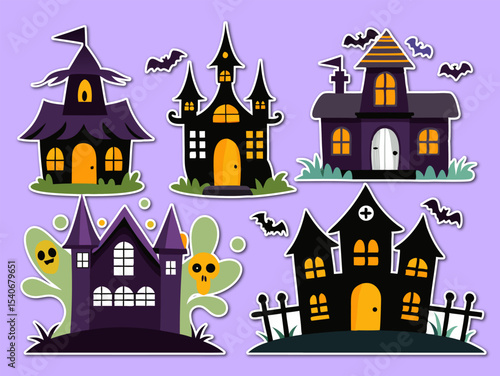 A big collection of Collection of halloween stickers. Spooky haunted house with cute ghosts 