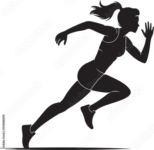 Athletic woman running fast. Vector silhouette illustration on white background 