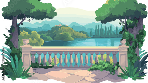 A digital illustration depicting a tranquil lakeside scene viewed from behind a stone balustrade.  The illustration features a calm lake reflecting the surrounding mountains and lush greenery.