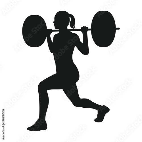 Black silhouette of a strong woman lifting a barbell in an overhead squat position.