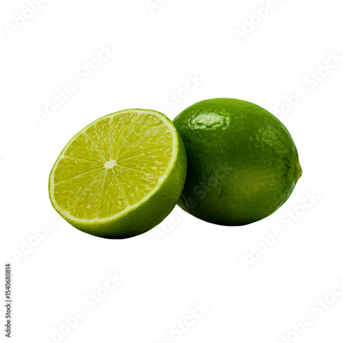 Lime and lime half on white, lime cut open, juicy green lime close-up