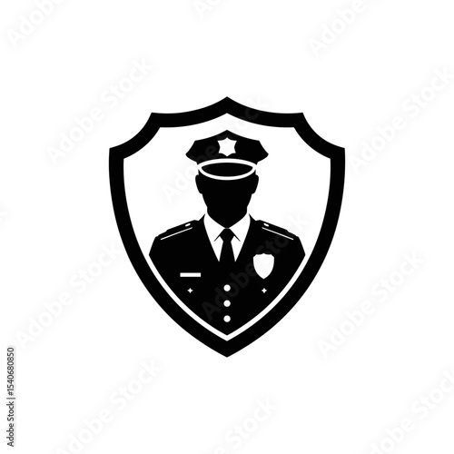 Police Officer Icon: A striking silhouette of a police officer within a protective shield, embodying the essence of law enforcement and safety, rendered in minimalist design.