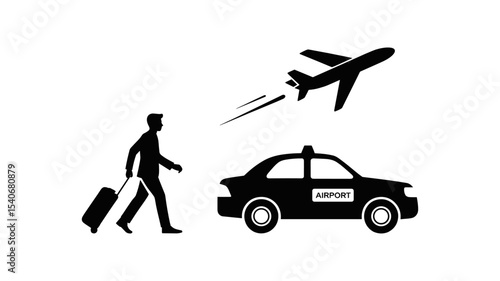 Airport Arrival: A man strides toward the airport, carrying luggage as a taxi sits ready for the flight travel. Capturing the essence of travel, journeys, and destinations