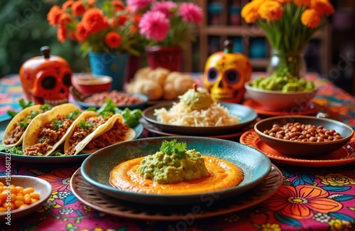 Fototapeta Naklejka Na Ścianę i Meble -  Traditional Mexican food Day of the Dead celebration feast on colorful decorated table. Tacos, guacamole, beans, sugar skulls with flowers, vibrant decorations. Festive holiday event.