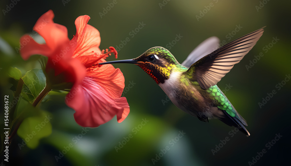 Naklejka premium A hummingbird is drinking nectar from a pink flower