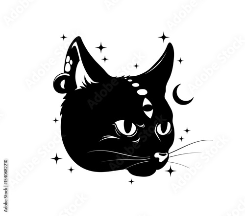 Vector illustration of a mystical black cat face with a third eye on its forehead, a crescent moon, stars, and an earring. The design blends spiritual and magical symbolism, ideal for witchcraft theme