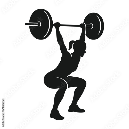 Weight lifting, woman lifts big barbell, isolated vector silhouette on white background
