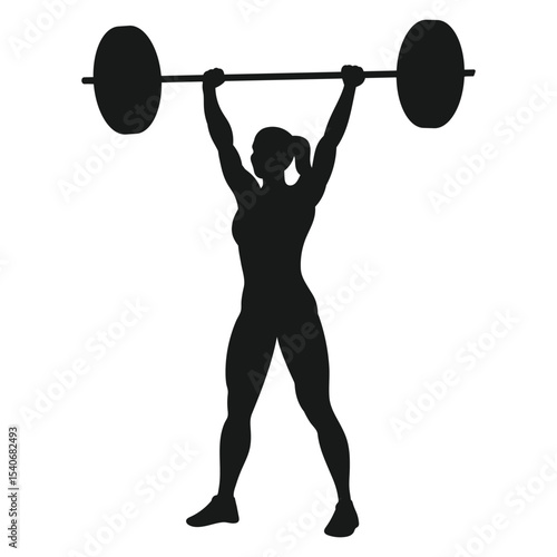 Weight lifting, woman lifts big barbell, isolated vector silhouette on white background