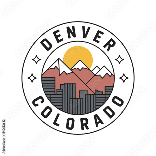 Denver Colorado City Skyline Logo, Mountain Sun Circle, vector illustration