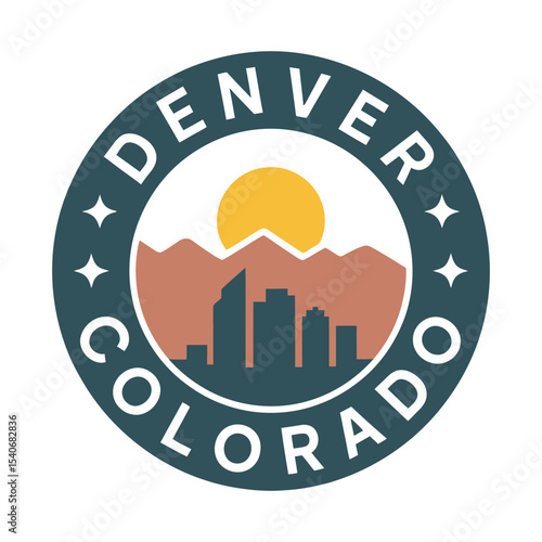  Denver Colorado City Landmark Stamp, Mountain Skyline, vector illustration