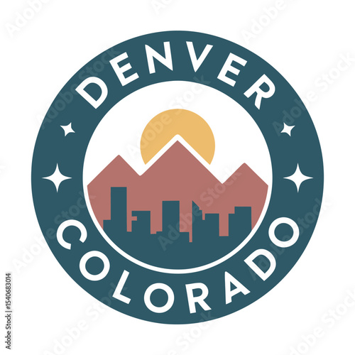 Denver Colorado City Landmark Stamp, Mountain Skyline, vector illustration