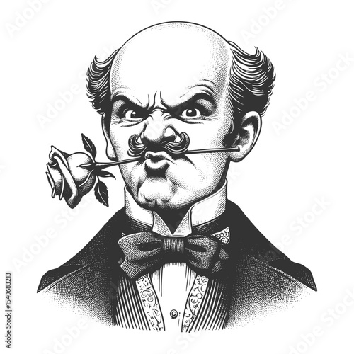 Funny man gripping a rose in his curled mustache, dressed in formal Victorian attire sketch engraving generative ai fictional character vector illustration. Scratch board. Black and white image.