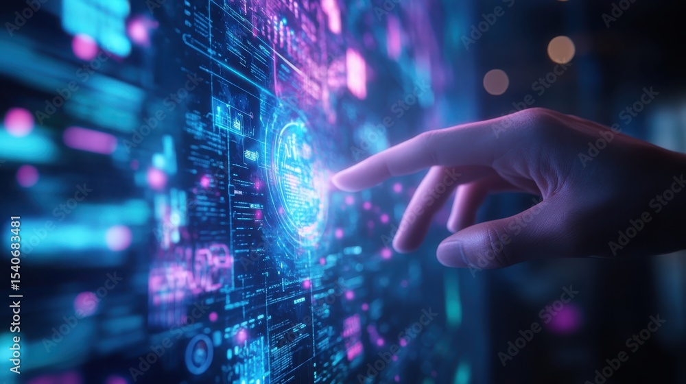 Futuristic Hand Interacting with Digital Interface and Technology Display Futuristic Hand Interacting with Digital Interface and Technology Display