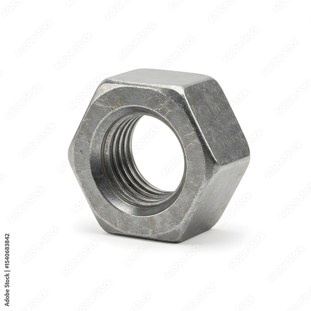 Hex Nut: A close-up view of a sturdy, metallic hex nut, isolated on a simple backdrop, showcasing its industrial design and precise engineering. Hex Nut: A close-up view of a sturdy, metallic hex nut, isolated on a simple backdrop, showcasing its industrial design and precise engineering.