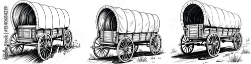 Set of Covered Wagon Sketches, Vintage Western Line Art Collection