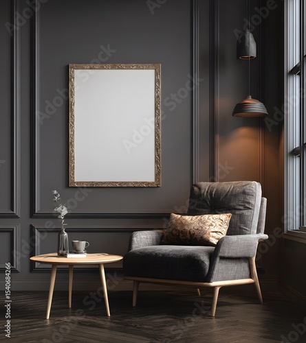 4k Mock-up poster frame, dark gray interior background , 3d render , modern design, minimalist
