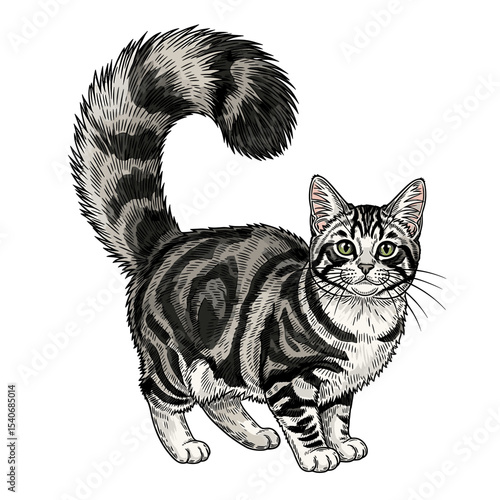 A charming illustration of a grey tabby cat with a magnificent, bushy tail, standing alert.