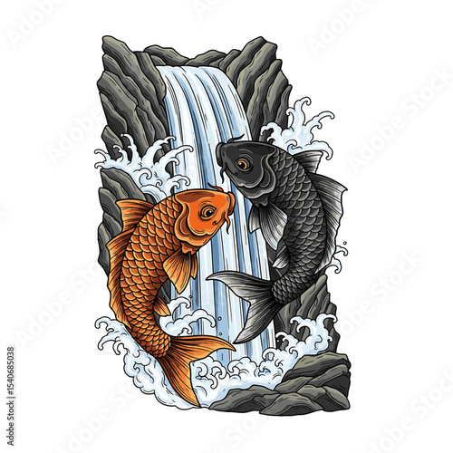 Two Koi fish leap upstream a cascading waterfall, amidst stylized rocks and water.