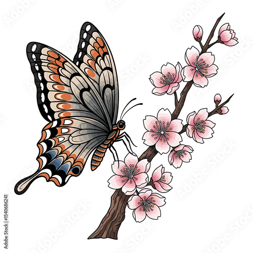 A stylized butterfly rests delicately on a branch of blossoming cherry blossoms.