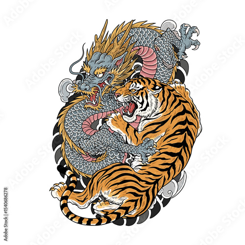 A fierce dragon and tiger locked in an intense struggle, depicted in a dynamic, traditional Asian art style.